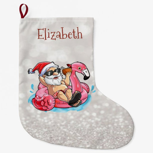 Santa Claus,Pink Flamings,Glittery Bokeh Large Christmas Stocking