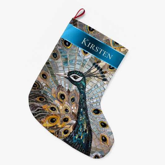 Silver Gold Teal Blue Peacock Christmas Name Large Christmas Stocking
