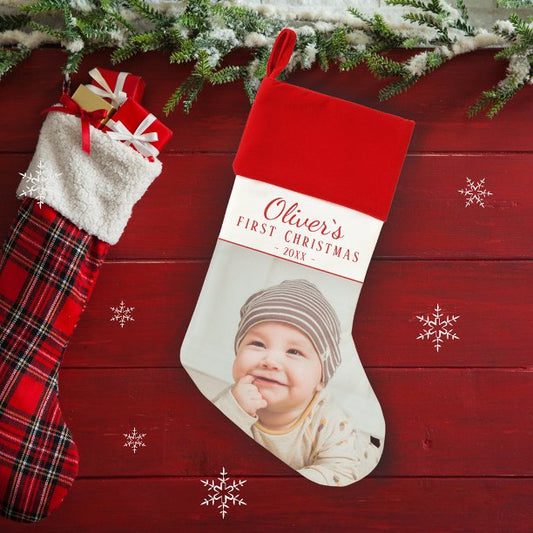 Simple Baby`s First Christmas Photo Stocking