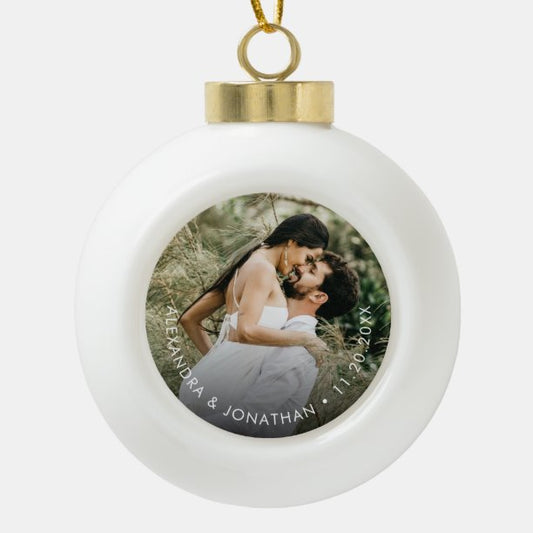 Simple Custom Couple Photo Names date Keepsake Ceramic Ball Christmas Ornament