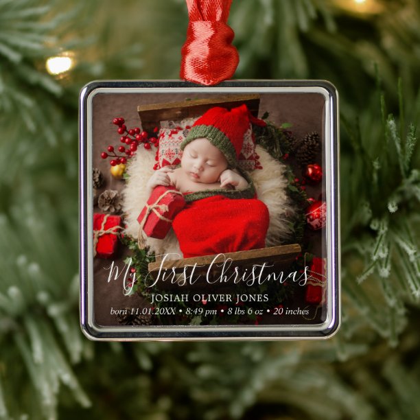 Simple Cute Elegant Baby Photo My First Christmas Metal Ornament