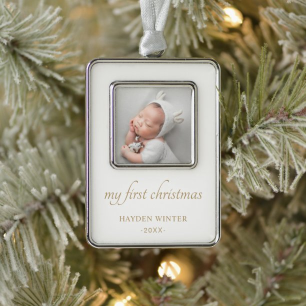 Simple Gold Minimalist Photo Baby's First Christmas Ornament