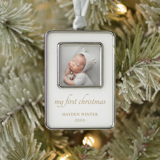 Simple Gold Minimalist Photo Baby's First Christmas Ornament