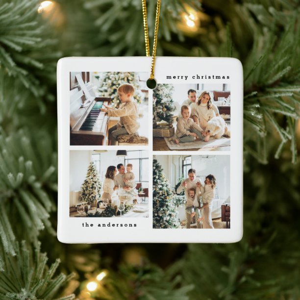 Simple Minimalist Christmas Four Photo Typography Ceramic Ornament