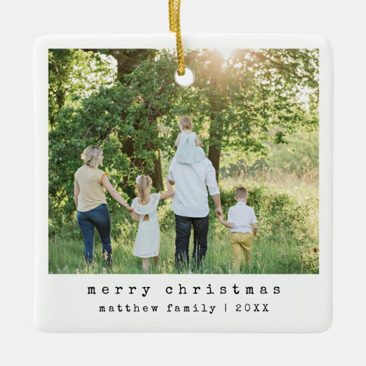 Simple Minimalist Typewriter Family Photo Ceramic Ornament