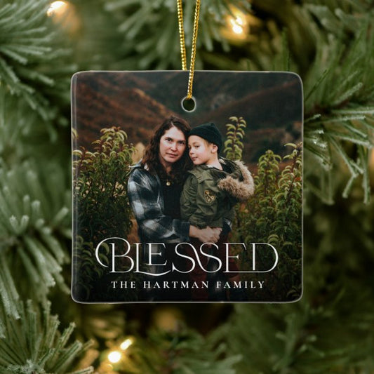 Simple Modern Elegant Blessed 2 Photo Christmas Ceramic Ornament