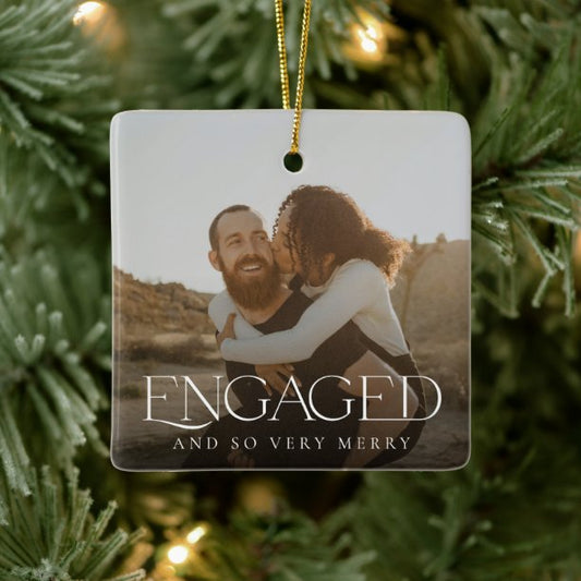 Simple Modern Elegant Engaged 2 Photo Christmas Ceramic Ornament