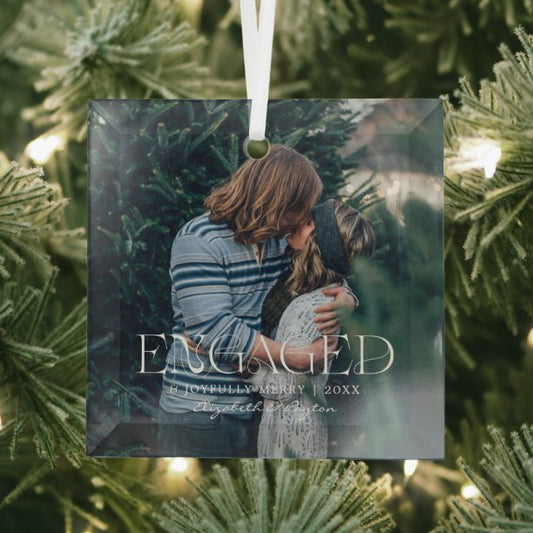Simple Modern Elegant Engaged Photo Christmas Glass Ornament