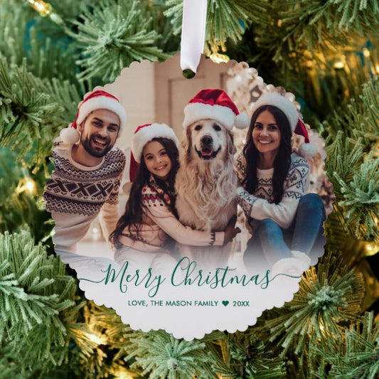 Simple Modern Green Script 2 Photo Christmas Ornament Card