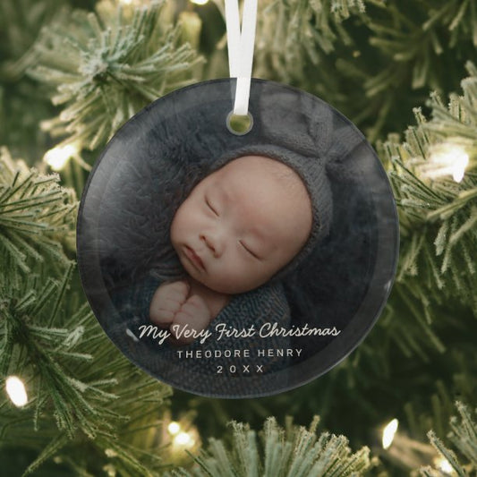 Simple Modern Photo My First Christmas Baby Glass Ornament