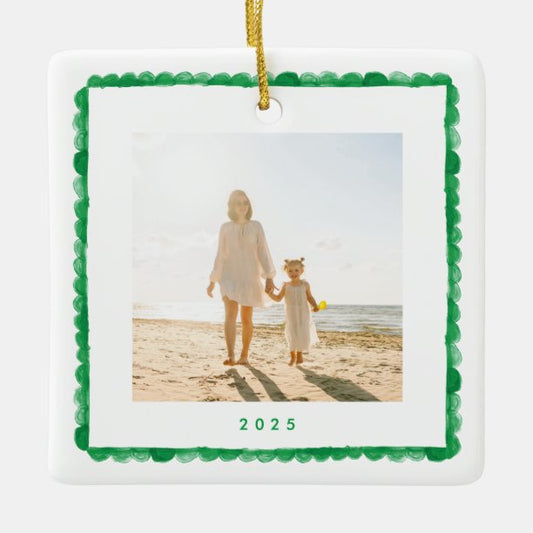 simple retro green frame photo square christmas ceramic ornament
