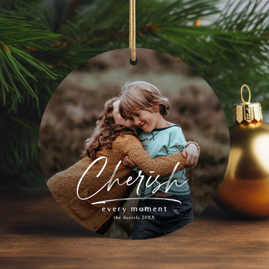 Simple Script 2 Photo Christmas Holiday Ceramic Ornament