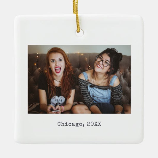 Simple White Minimalist Photo Keepsake Christmas Ceramic Ornament