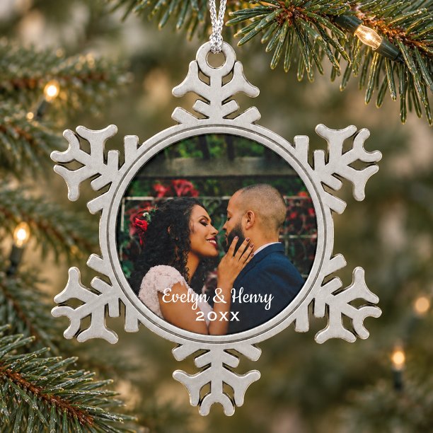 Simply Elegant Wedding Photo White Script Monogram Snowflake Pewter Christmas Ornament