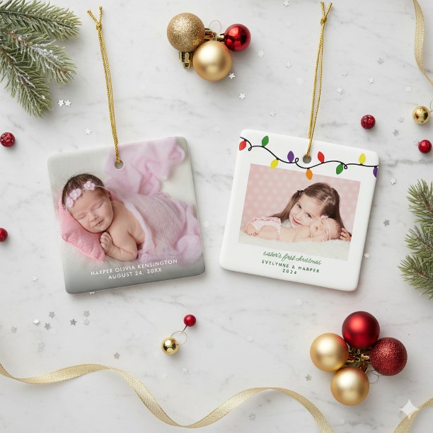 Sister's First Christmas Colorful Lights Photo Ceramic Ornament
