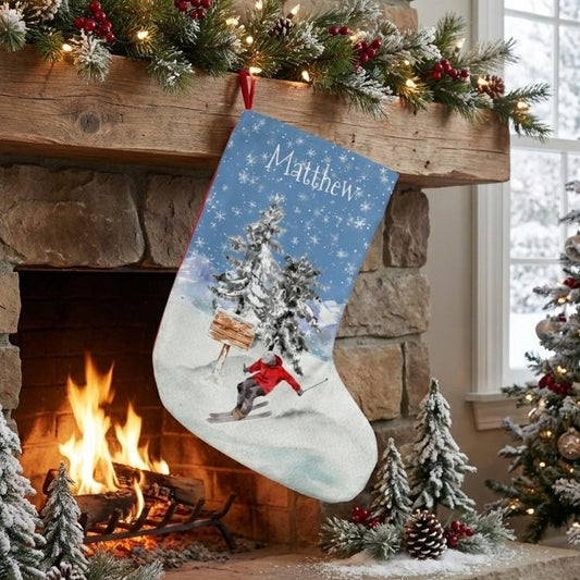 Skiing Skier Snow Personalized Watercolor Small Christmas Stocking