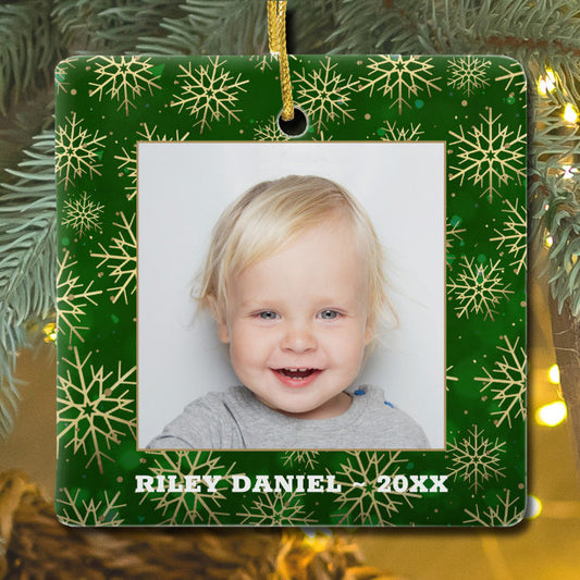 Snowflakes on Green Photo Ceramic Ornament