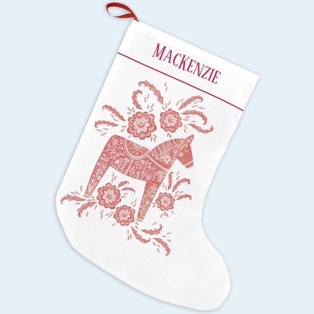 Swedish Dala Horse Folk Art Personalized Red White Small Christmas Stocking