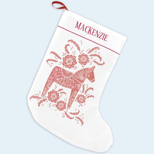 Swedish Dala Horse Folk Art Personalized Red White Small Christmas Stocking