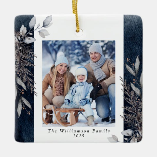 Tan & Gray Winter Foliage Photo Christmas Blue Ceramic Ornament