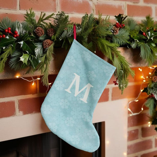 Teal Snowflake Pattern Monogrammed Large Christmas Stocking