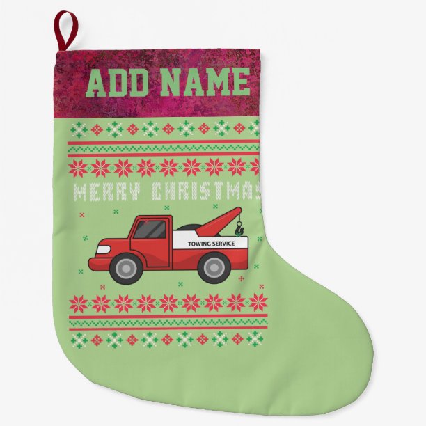Tow Truck Ugly Christmas Sweater Large Christmas Stocking