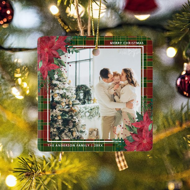 Tradiational Plaid & Poinsettia Christmas Photo Ceramic Ornament