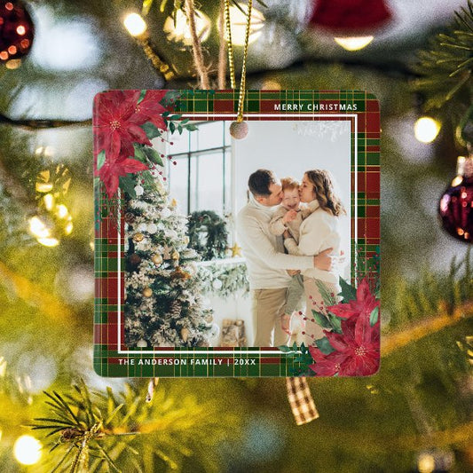 Tradiational Plaid & Poinsettia Christmas Photo Ceramic Ornament