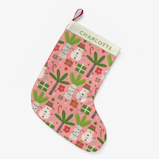 Tropical Christmas Snowmen Pink Green Personalized Small Christmas Stocking