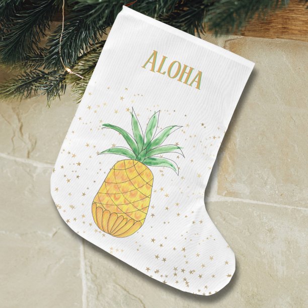 Tropical Pineapple Gold Stars Aloha Name Large Christmas Stocking