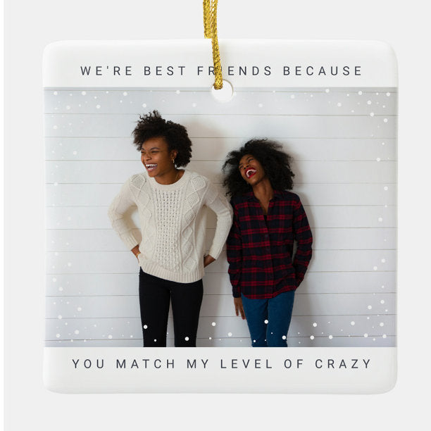 Two Photo Minimalist Best Friend Snowfall Holiday Ceramic Ornament