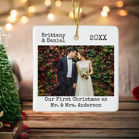 Typewriter Text First Christmas as Mr. and Mrs. Ceramic Ornament