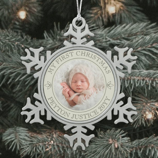 Vintage My First Christmas Baby Photo Antique Look Snowflake Pewter Christmas Ornament