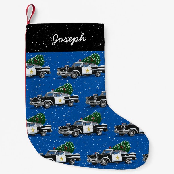 Vintage Police Car Christmas Tree Custom Name Small Christmas Stocking