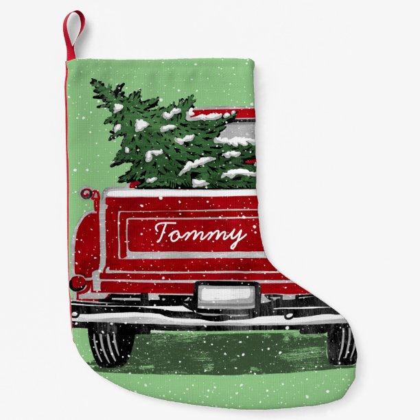Vintage Red Truck Christmas Tree Name Small Christmas Stocking