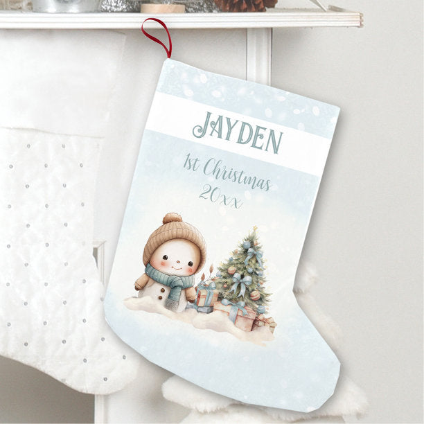 Vintage Snowman Boy Blue 1st Christmas Stocking