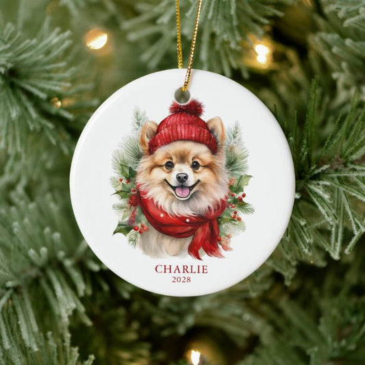 Watercolor Christmas Pomeranian Dog Photo Ceramic Ornament