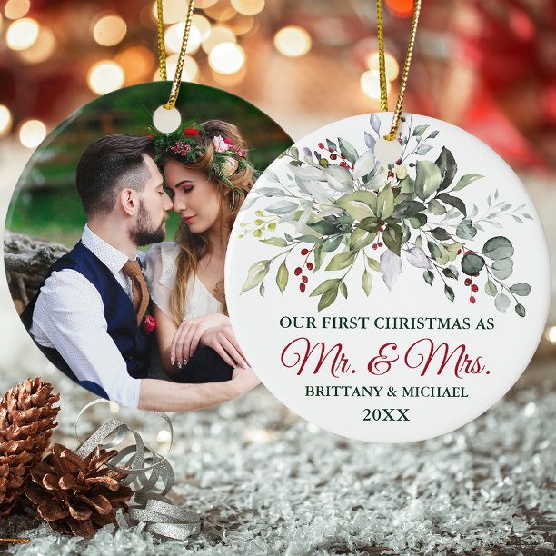 Watercolor Greenery Berries Christmas PHOTO BACK Ceramic Ornament