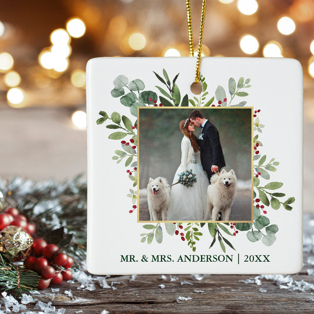 Watercolor Greenery Berries Wedding Photo Green Ceramic Ornament