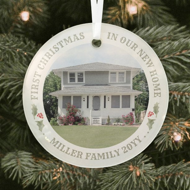 Watercolor Holly New Home Photo First Christmas Glass Ornament