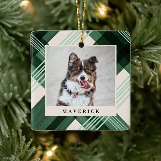 Watercolor Painted Green Plaid Pet Photo Christmas Ceramic Ornament
