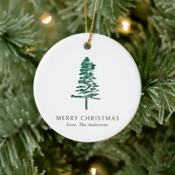 Watercolor Pine Tree Photo Modern Christmas Ceramic Ornament