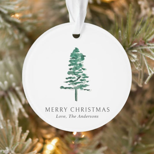 Watercolor Pine Tree Photo Modern Christmas Ornament