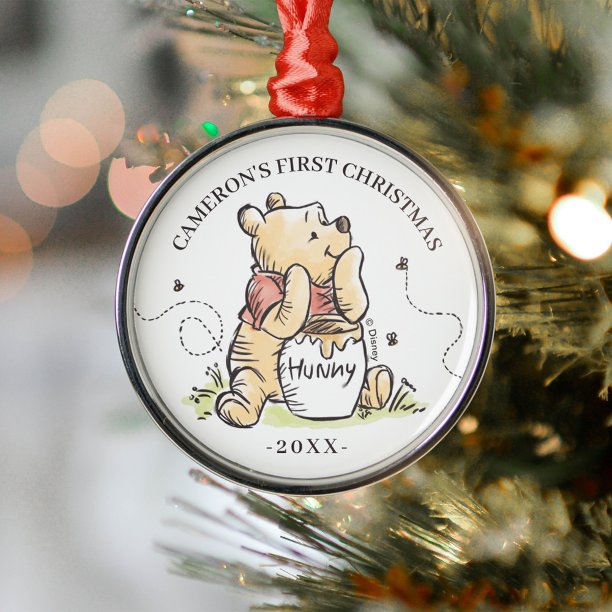 Watercolor Winnie the Pooh Baby's First Cristmas Metal Ornament