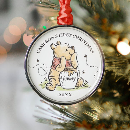 Watercolor Winnie the Pooh Baby's First Cristmas Metal Ornament