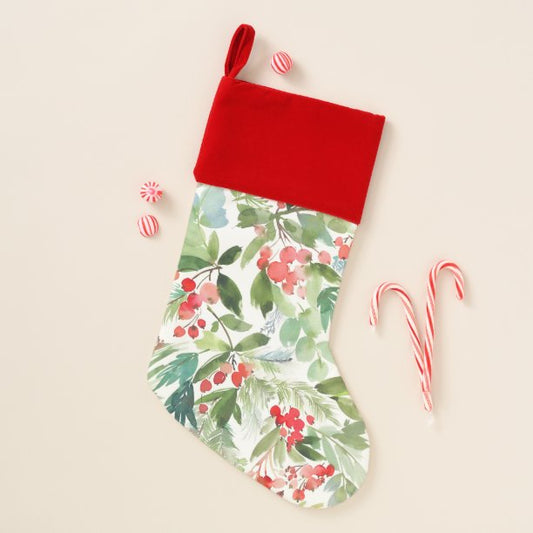 Watercolor Winter Berries and Greenery Christmas Stocking