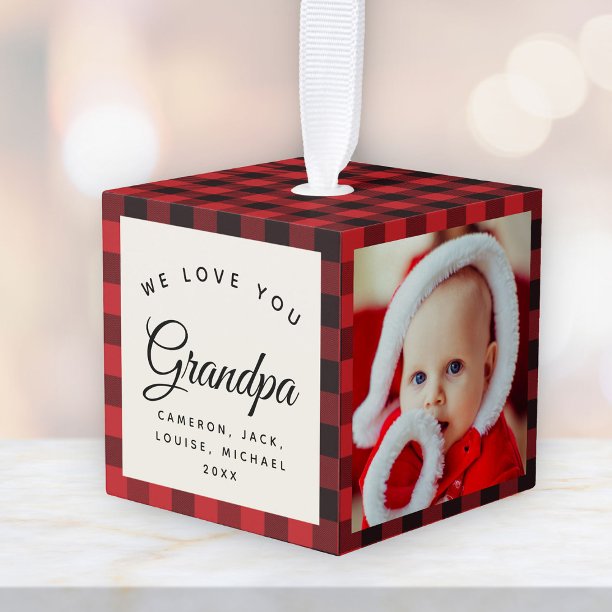 We Love You Grandpa Modern Plaid Script 3 Photo Cube Ornament