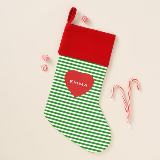 White Green Stripes Red Heart Custom Name Christmas Stocking