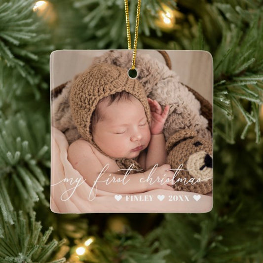 White Overlay Script Baby's First Christmas Photo Ceramic Ornament