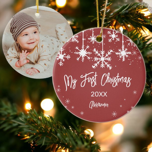 White snow elegant red my first christmas photo ceramic ornament